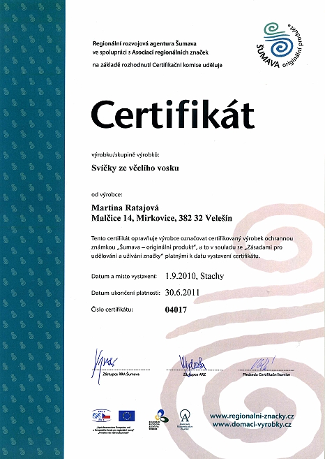 Svíčky certifikát ŠUMAVA originání produkt